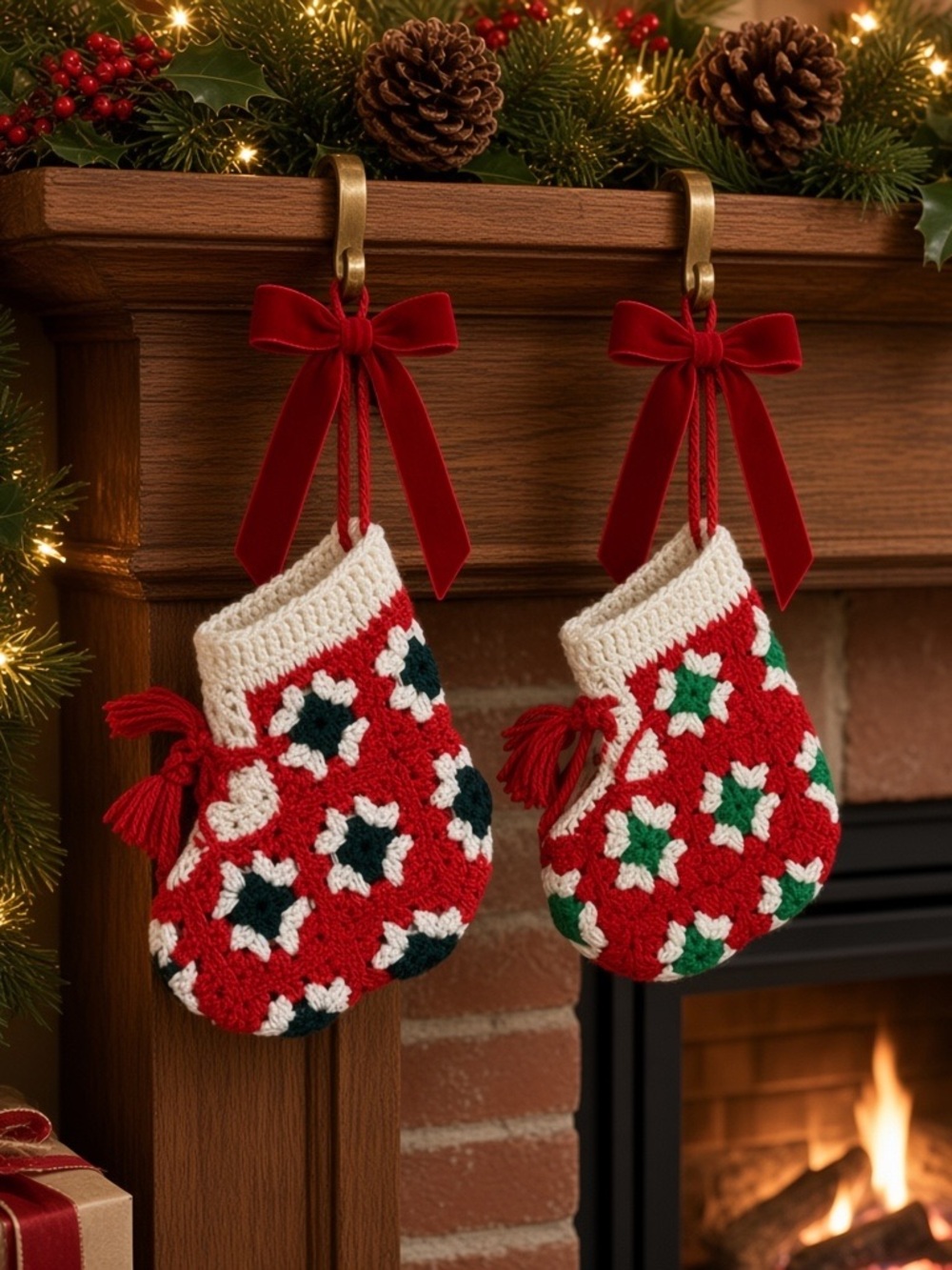 Vintage Handmade Red Crochet Holiday Stockings - Set of 2